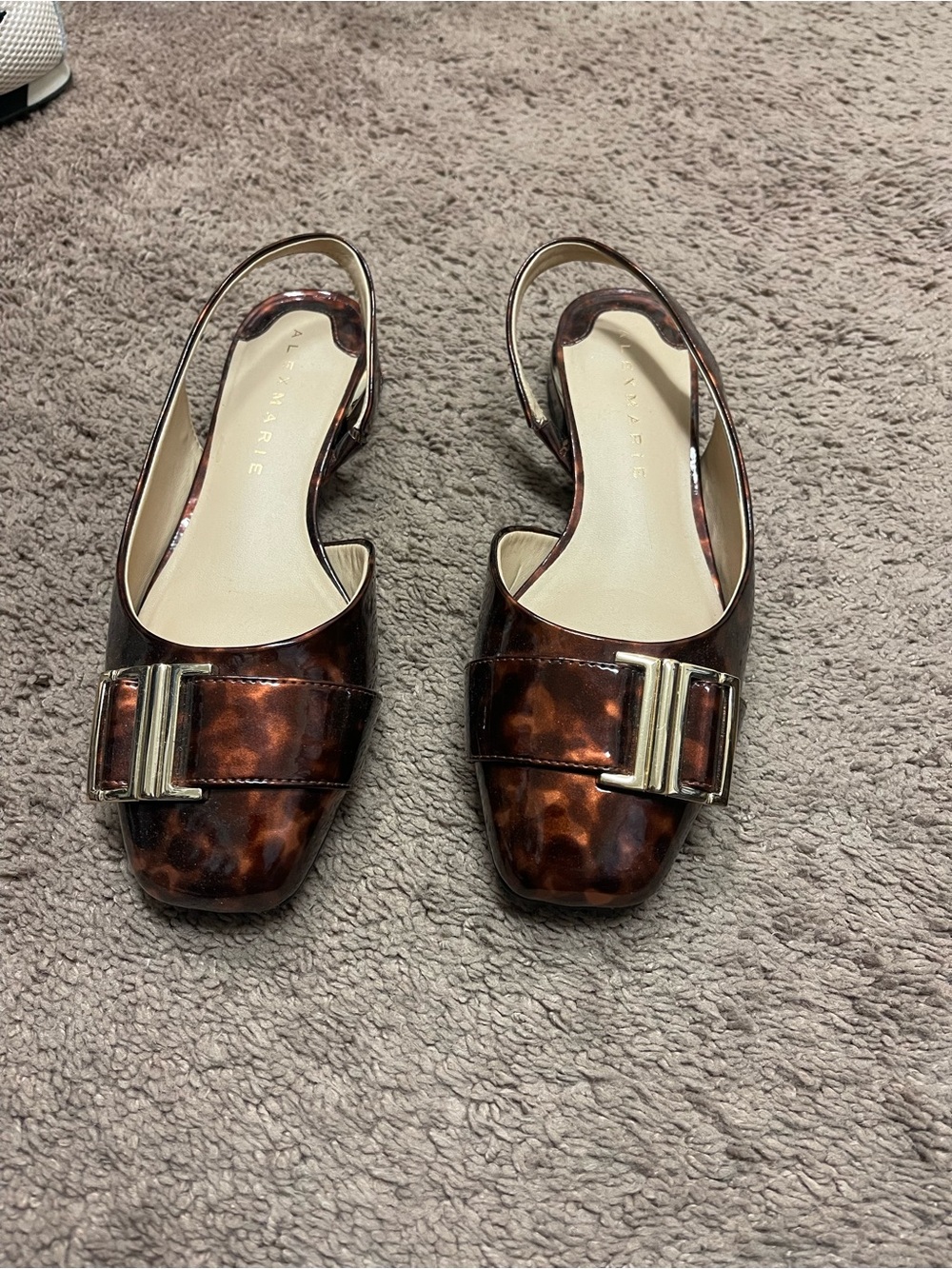 Alex Marie Tortoise-Effect Slingback Mules with Gold Buckle